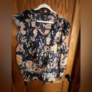 Ralph Lauren Floral Ruffle Sleeve Top - Navy and Cream